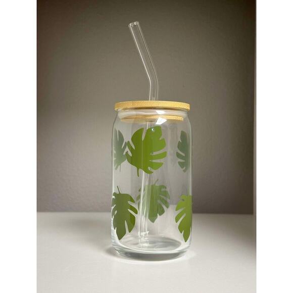 Monstera | Boho Glass Can with Bamboo Lid and Glass Straw 16oz - Picture 1 of 1